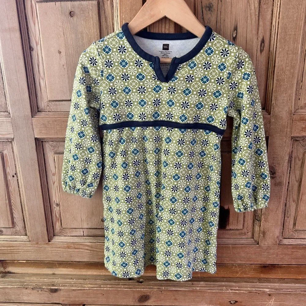 Tea Collection Girls Size 3 Green Blue Circle Floral Print Long Sleeve Dress